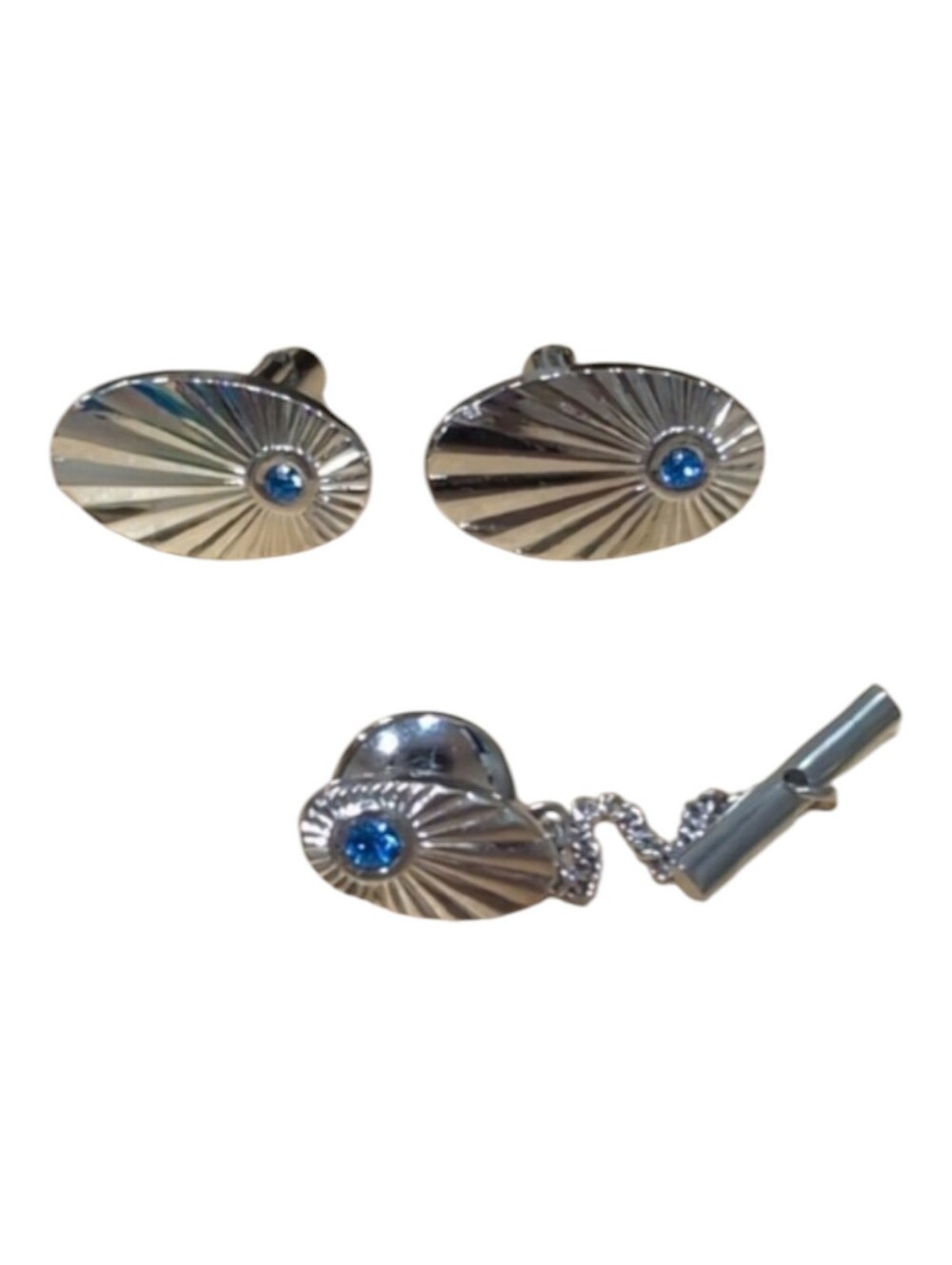 Vintage Art Deco Sunburst Silver And Blue Oval Cuff Links And Tie Pin Set